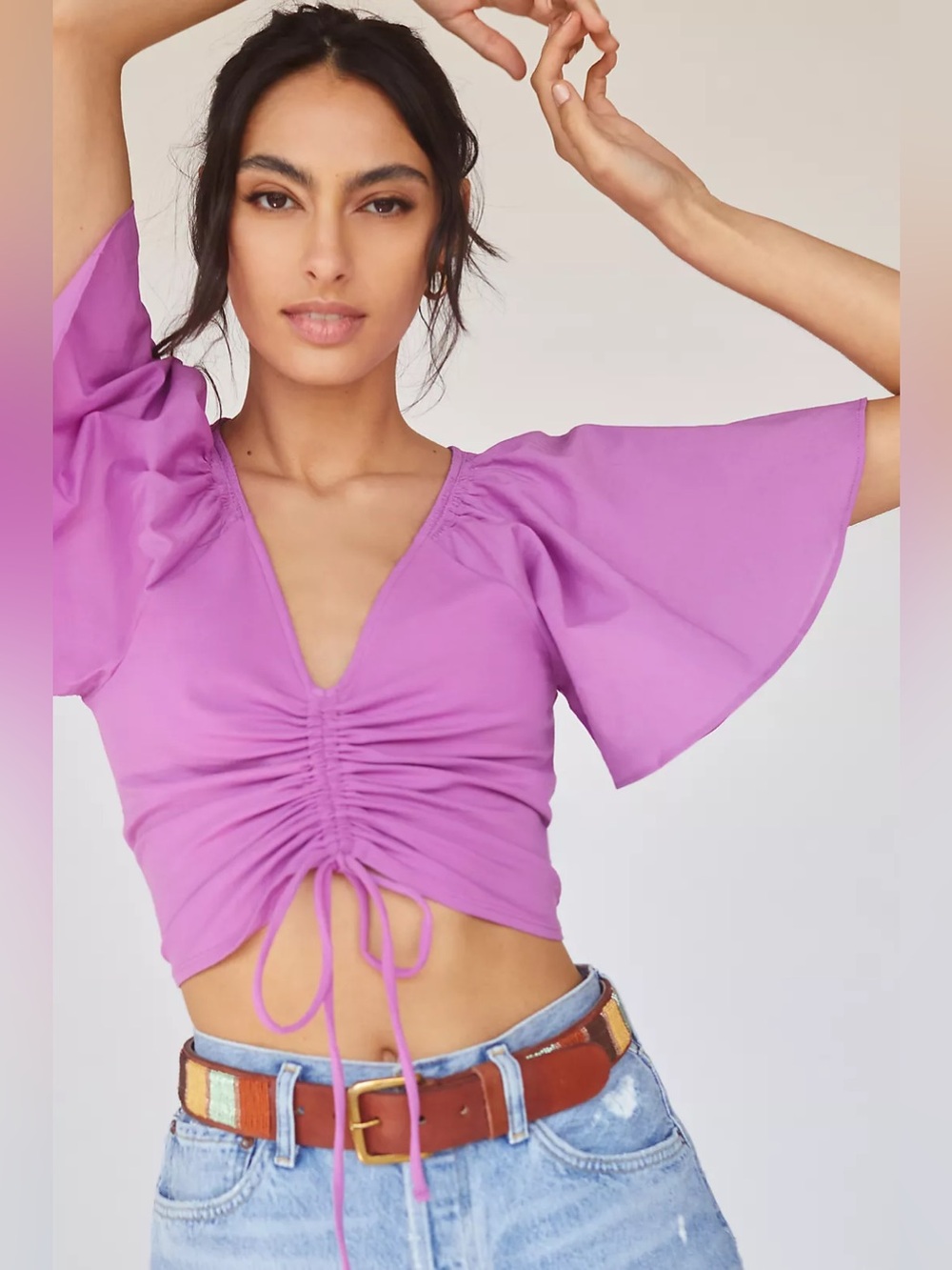 Anthropologie Maeve Cinched Flutter-Sleeve Ruched Crop Top Lilac Purple, XS